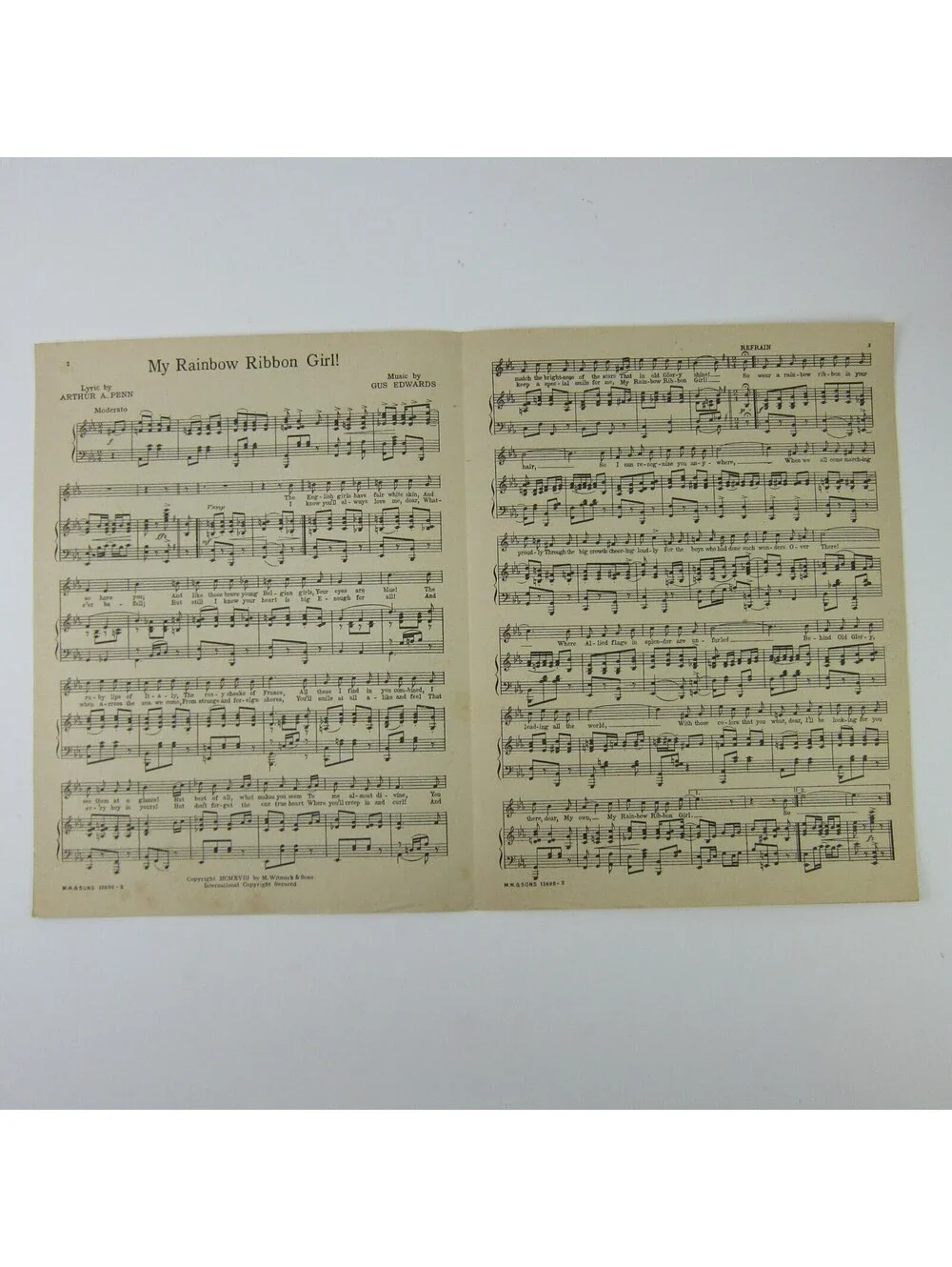 Sheet Music My Rainbow Ribbon Girl Gus Edwards Arthur Penn WWI WW1 Antique 1918